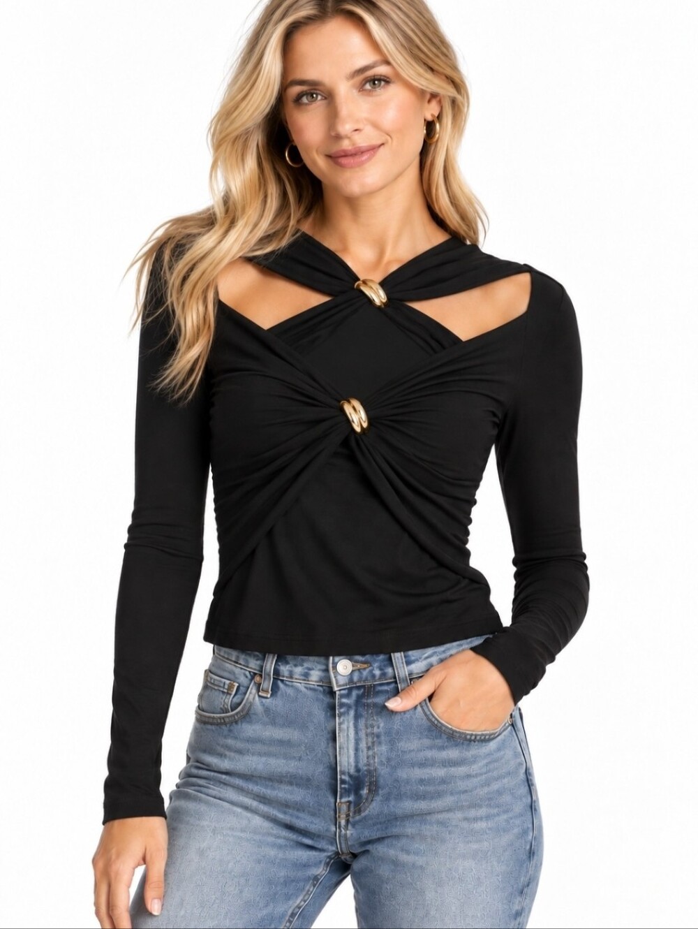 Commense Crisscross Cutout Long Sleeve Twisted Ring Detail Top Black, XL NWT